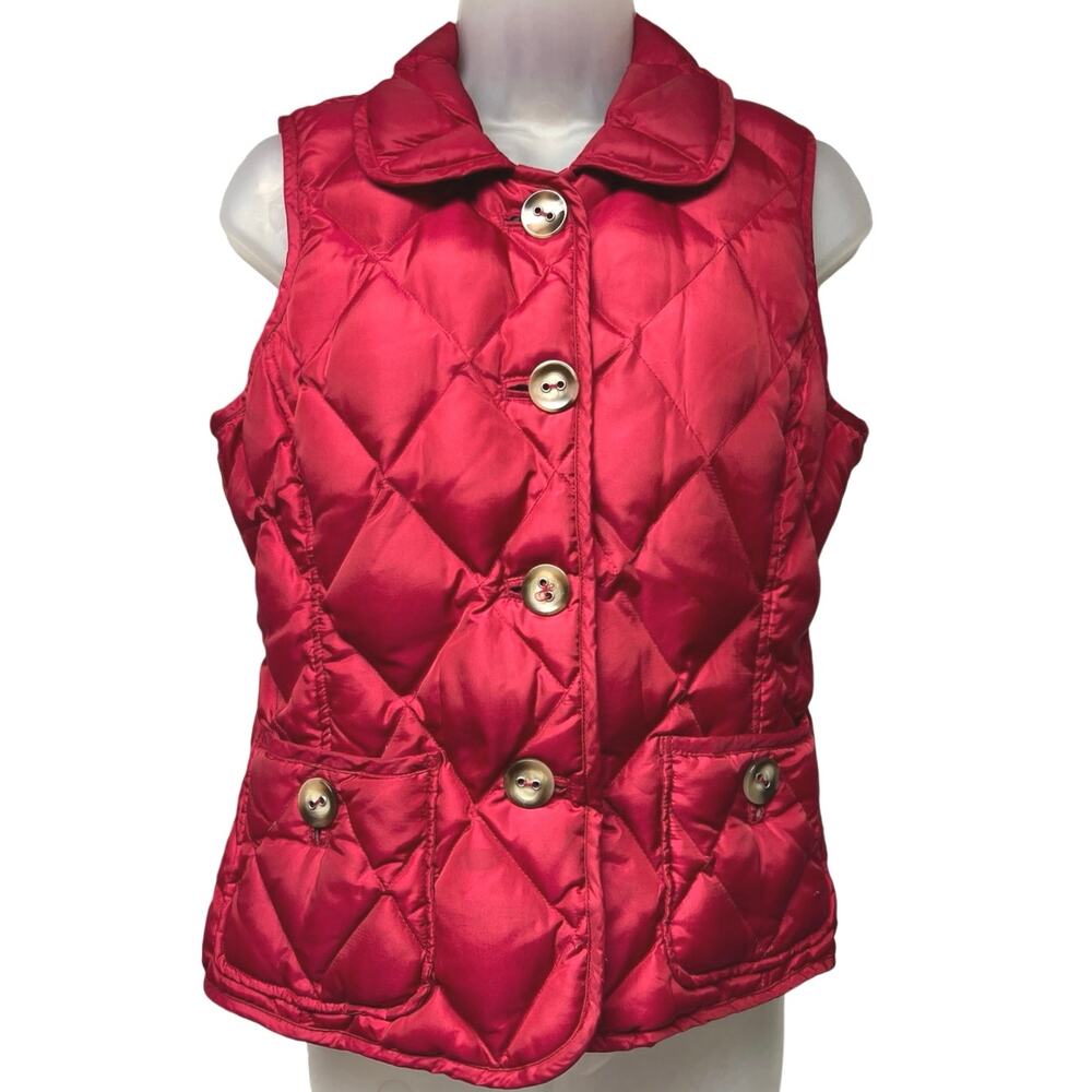 Talbots Red Quilted Puffer Vest Size Petite Small Jacket Duck Down Button Up